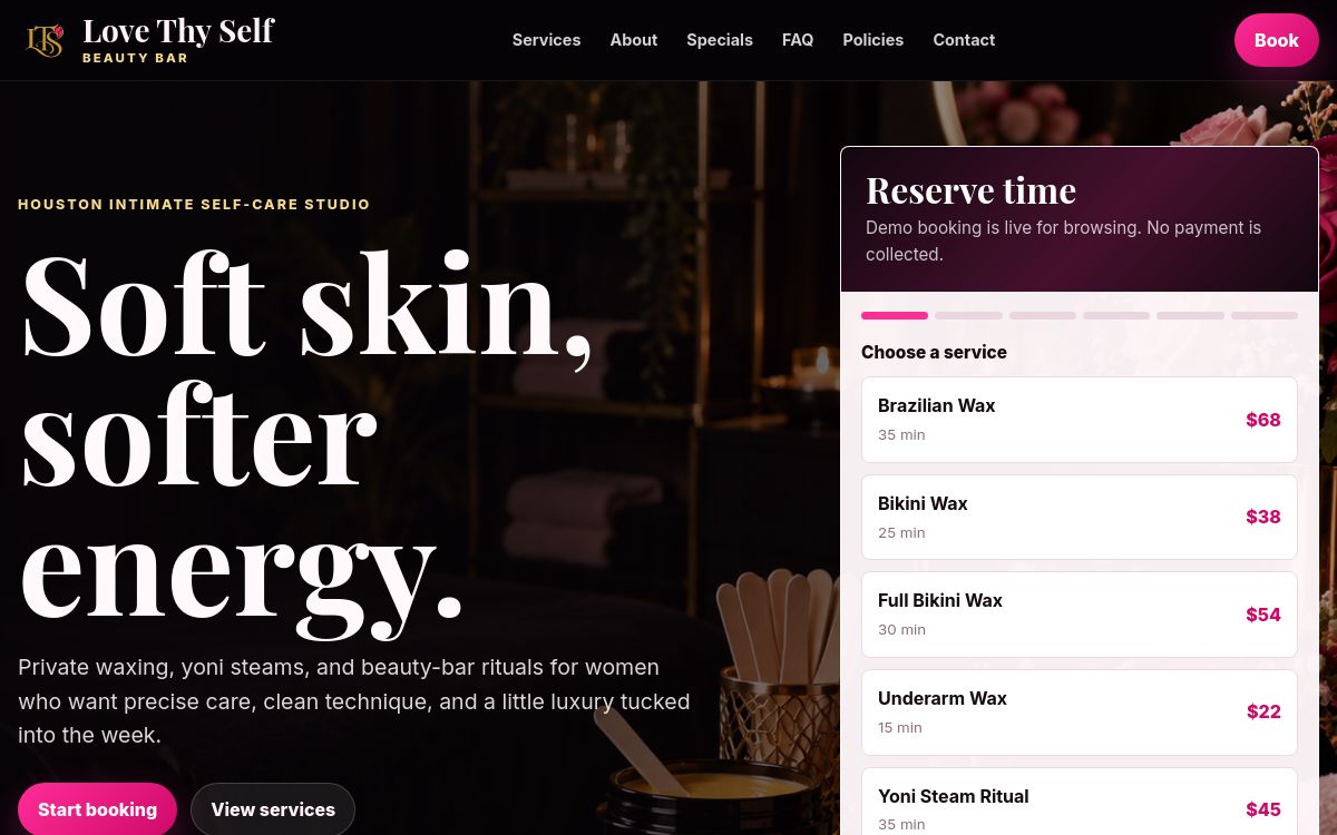 Love Thy Self Beauty Bar homepage screenshot