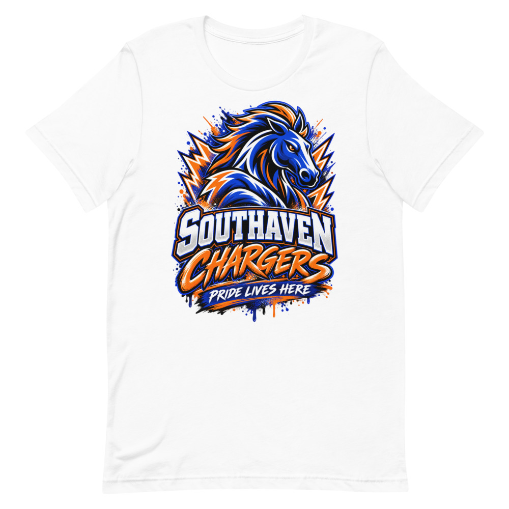 Southaven Chargers Adult Tee - Pride Lives Here - Blue Horse, White shirt