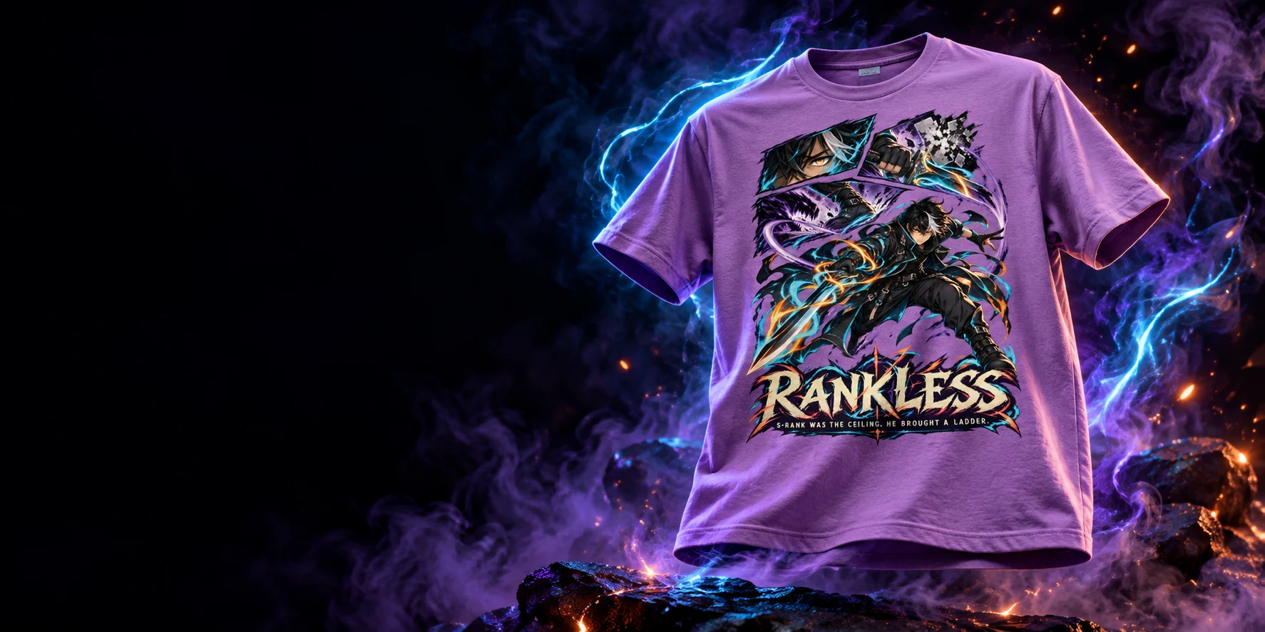 Purple Rankless graphic tee surrounded by electric blue light and purple smoke
