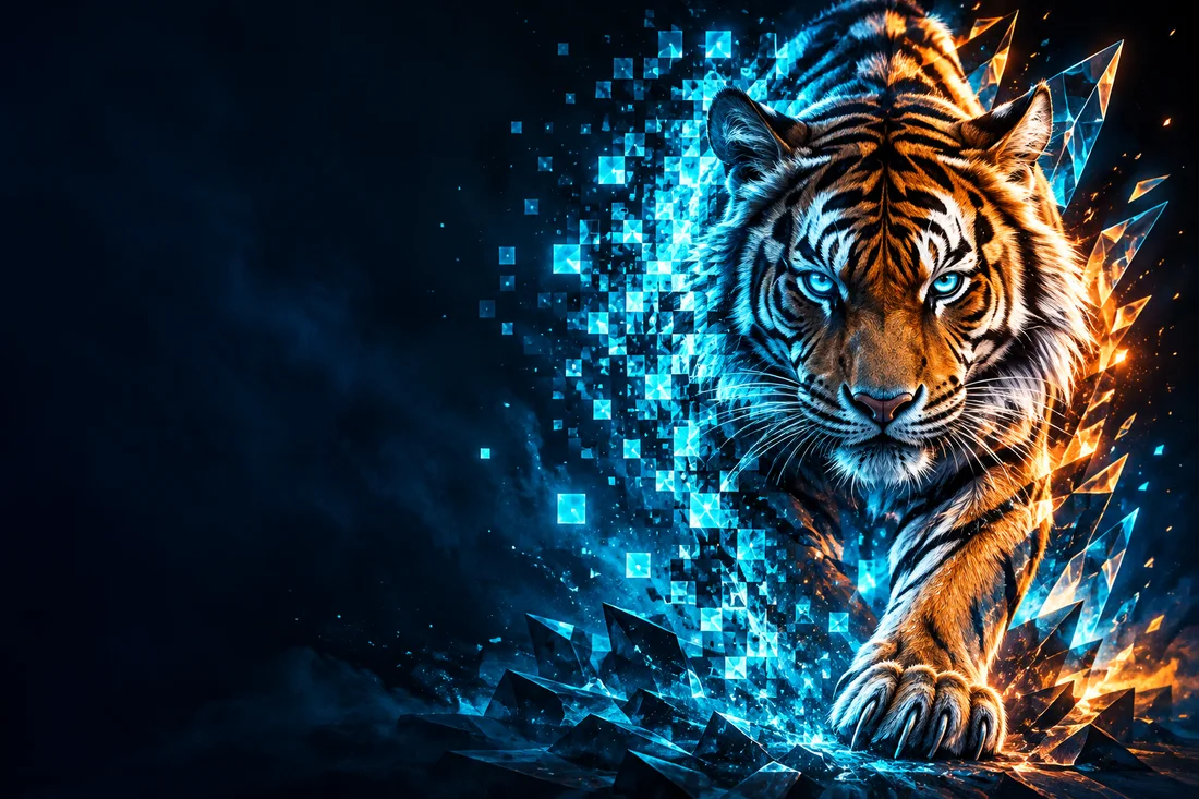 Illustrated tiger surrounded by blue and orange digital fragments